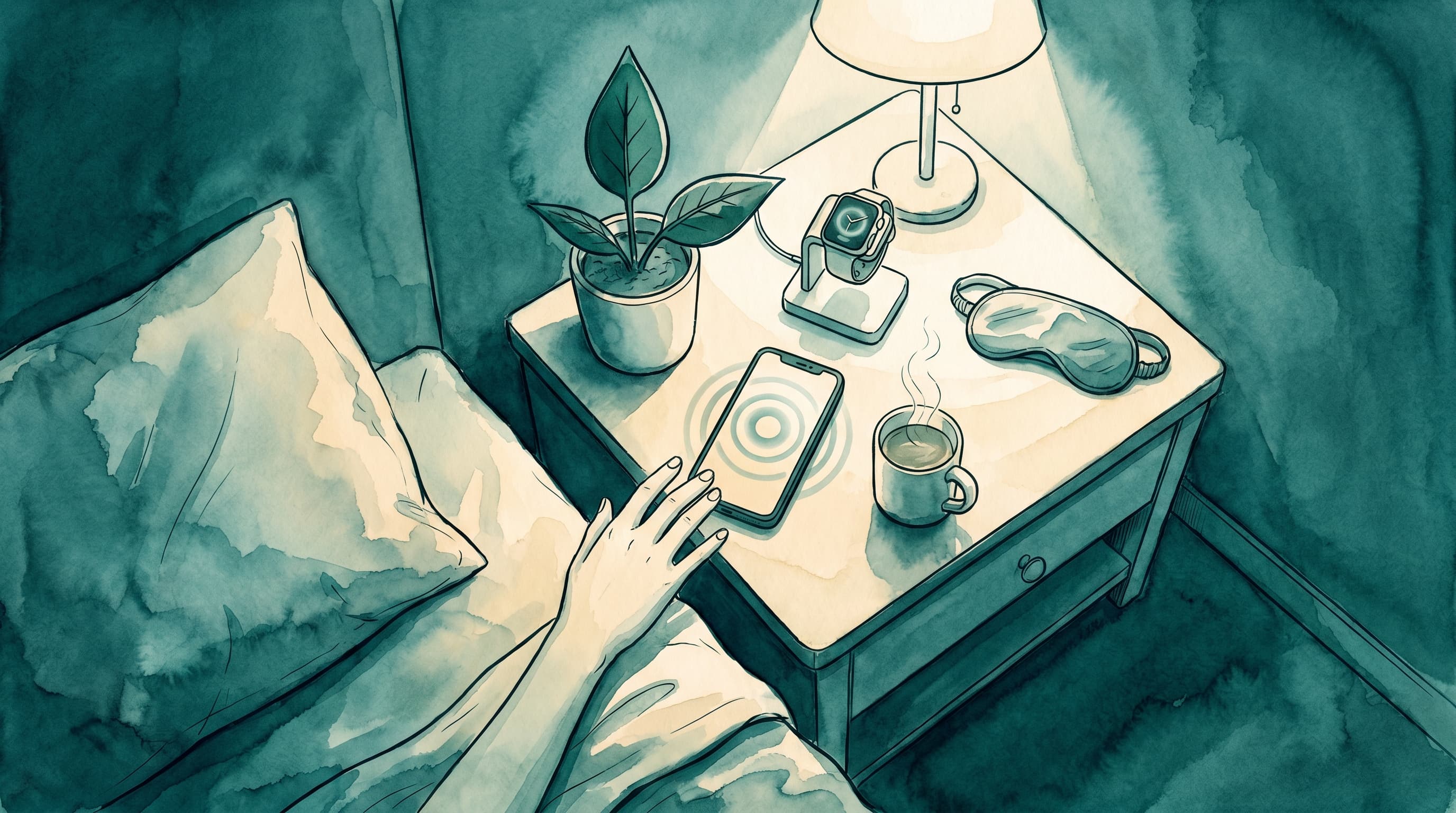 Evening watercolor scene at a bedside lamp: a hand reaches from the bed toward a softly glowing phone, an Apple Watch sits upright on a charging stand, a steaming mug of herbal tea, a folded sleep mask, and a small leafy plant