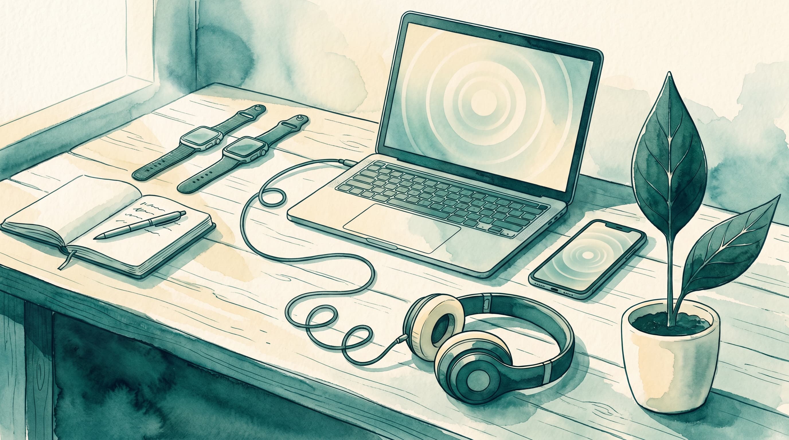 Watercolor illustration of a therapist's wooden desk with an open laptop showing pulse circles on its screen, two Apple Watches, headphones connected to the laptop, an open notebook with a pen, and a small plant with two pointed leaves shaped like the EMDR Tappers logo