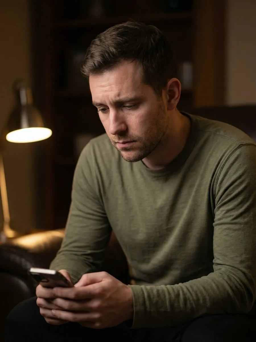 Person sitting comfortably at home, using phone for EMDR session