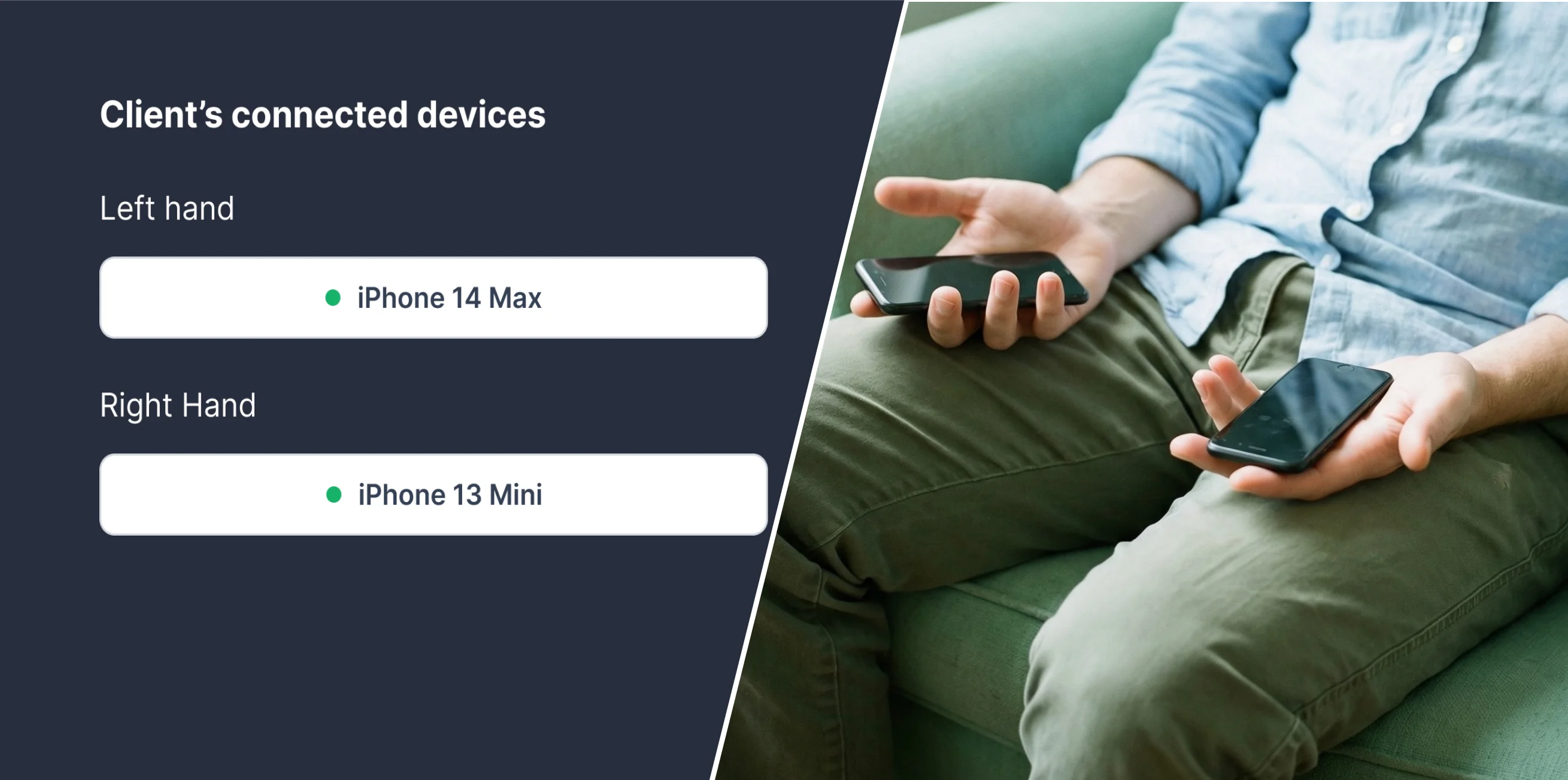 Split view: EMDR Tappers remote control interface on the left, person holding two synced phones on the right