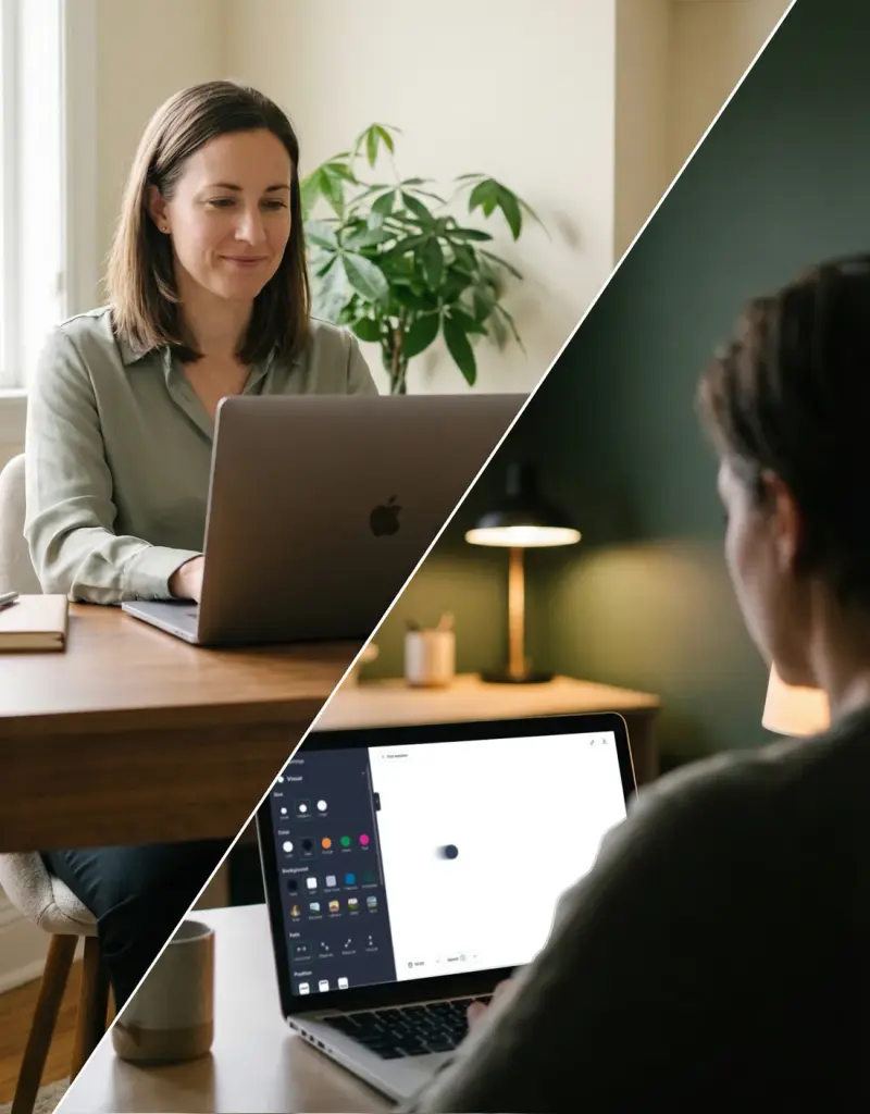 Split view: therapist on laptop at home and client viewing EMDR session remotely