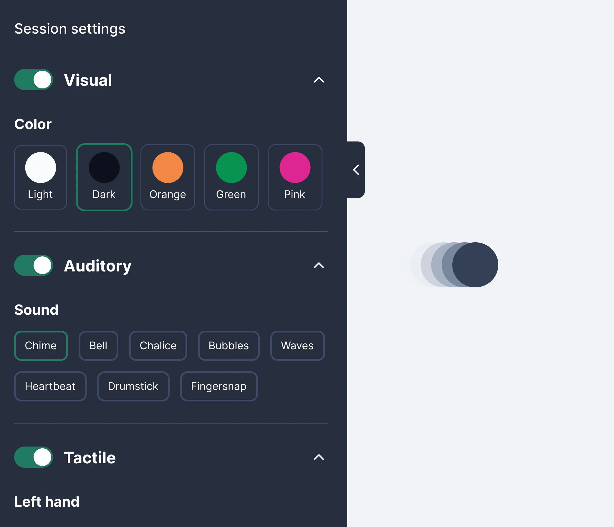 Session settings panel showing Visual, Auditory, and Tactile stimulation options with speed and style controls