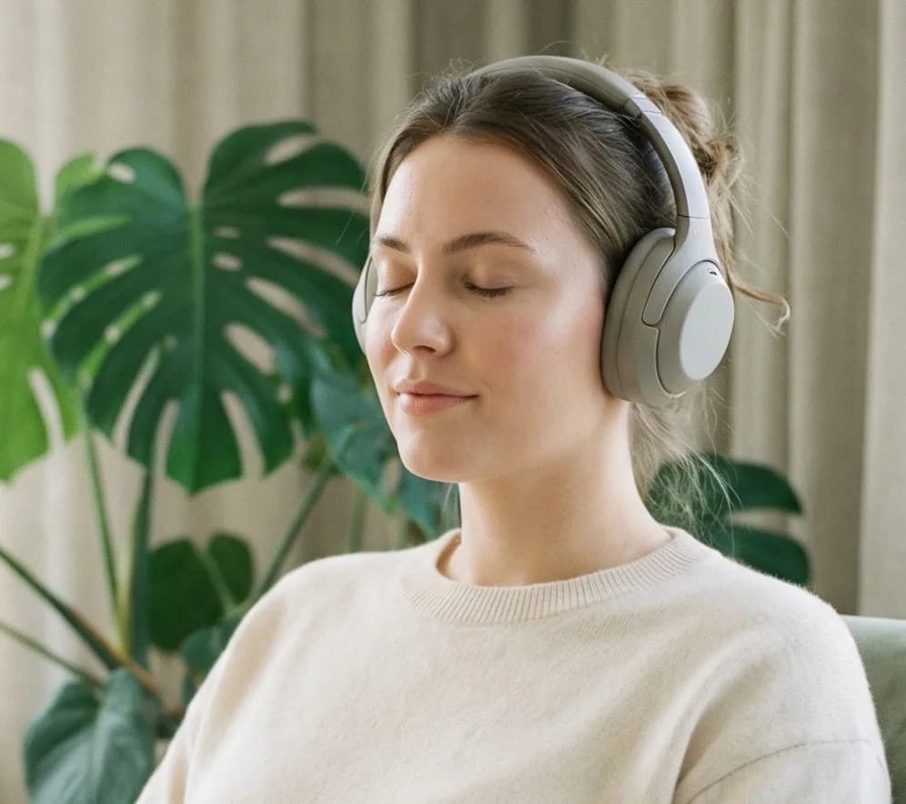 Person wearing headphones with eyes closed, listening to calming bilateral audio