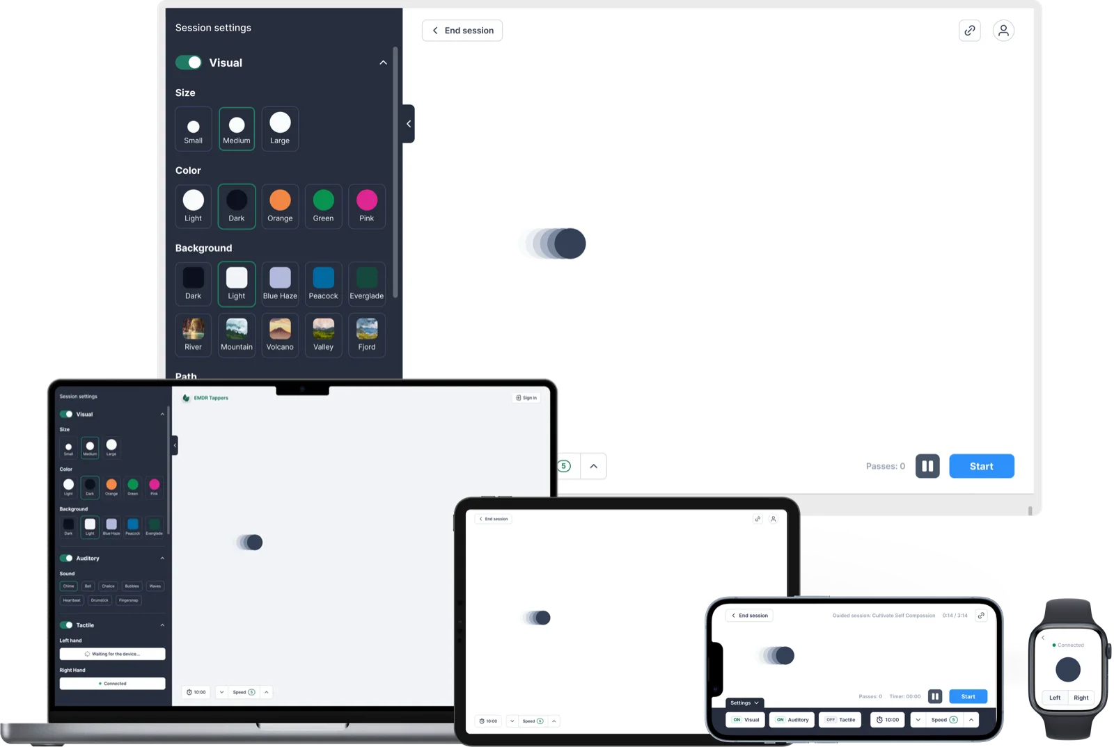 EMDR Tappers running on laptop, iPad, phone, and Apple Watch showing synchronized therapy sessions