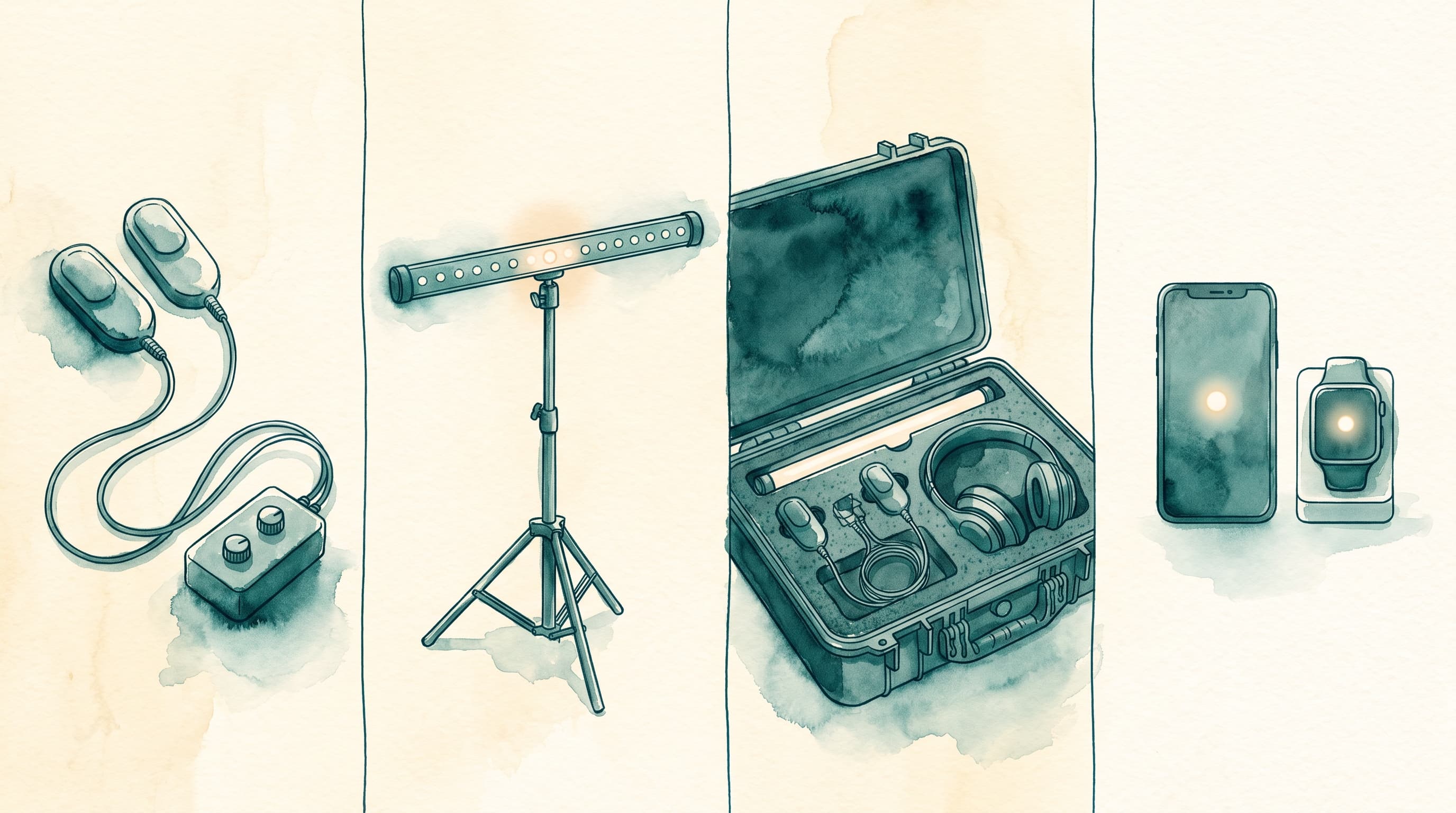 Watercolor catalog of EMDR hardware in four panels: a pair of wired handheld tappers with a control box, a light bar on a tripod, an open kit case holding a light tube, tappers and headphones, and a smartphone beside an Apple Watch, each screen showing a single glowing dot